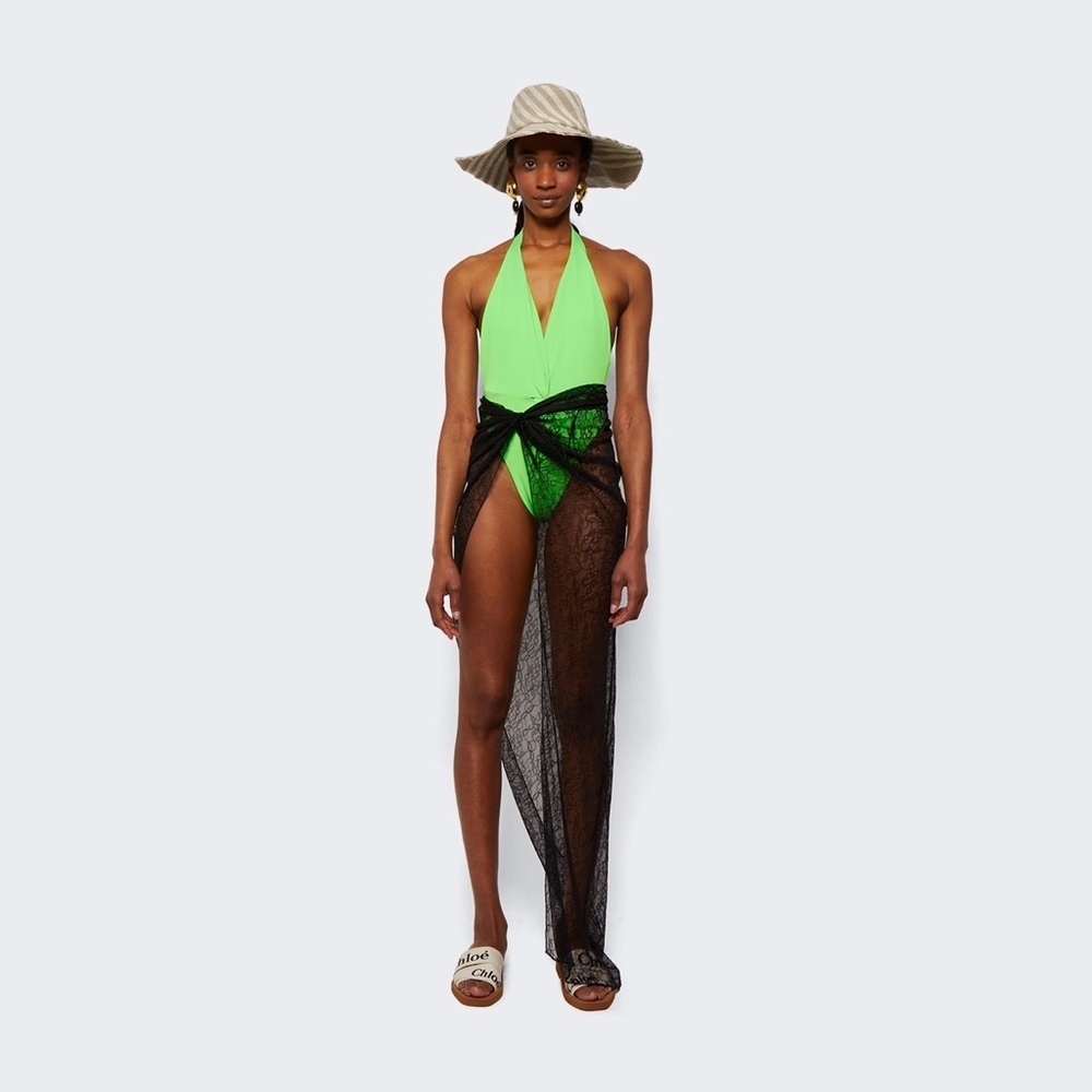 MARA HOFFMAN SOLID GABRIELA HALTER SWIMSUIT INTENSITY GREEN Plunging V-Neckline - Picture 3 of 11